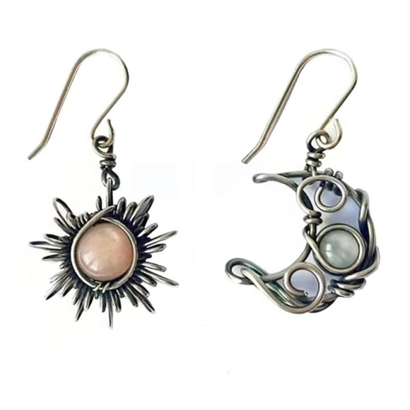Bohemian Astrology Sun Moon Silver Wire Wrapped Celestial Stone Mismatch Dangles - Picture 5 of 16